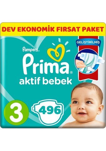 Prima Midi 3 Numara Cırtlı Bebek Bezi 496 Adet