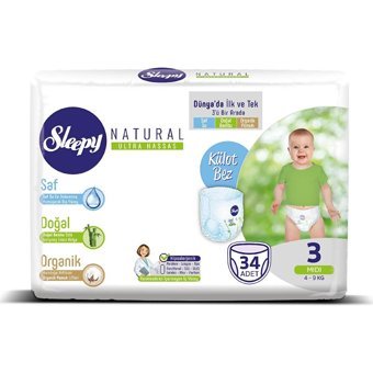 Sleepy Natural 3 Numara Organik Külot Bebek Bezi 34 Adet