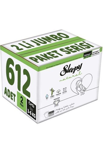Sleepy Natural İkili Jumbo Paket 2 Numara Organik Göbek Oyuntulu Cırtlı Bebek Bezi 612 Adet