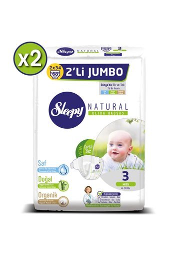 Sleepy Natural Ultra Hassas 3 Numara Organik Cırtlı Bebek Bezi 136 Adet