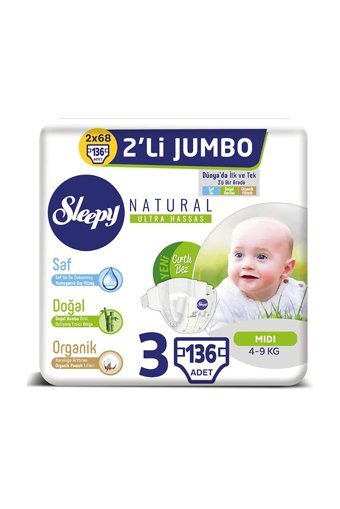 Sleepy Natural Ultra Hassas 3 Numara Organik Cırtlı Bebek Bezi 136 Adet
