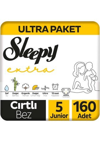 Sleepy Extra Junior 5 Numara Organik Cırtlı Bebek Bezi 2x80 Adet