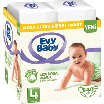Evy Baby Mega Ultra Fırsat Paketi Maxi 4 Numara Cırtlı Bebek Bezi 540 Adet