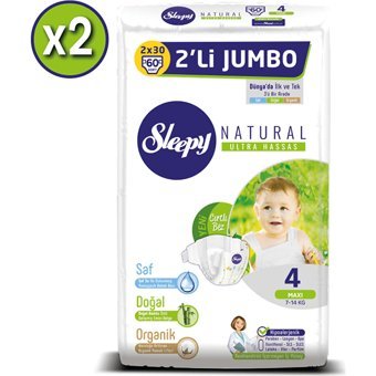 Sleepy Natural Ultra Hassas Maxi 4 Numara Organik Cırtlı Bebek Bezi 2x60 Adet