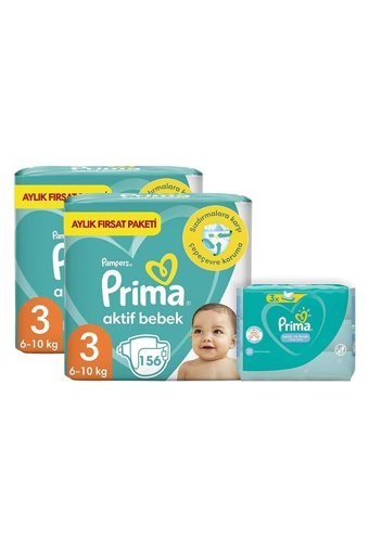 Prima Aktif Bebek 3 Numara Cırtlı Bebek Bezi 312 Adet + Temiz ve Ferah Islak Havlu 156'lı