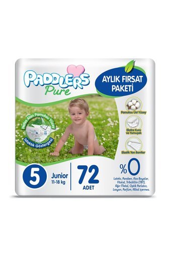 Paddlers Pure 5 Numara Organik Cırtlı Bebek Bezi 72 Adet