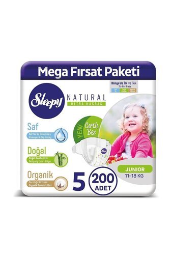 Sleepy Junior Mega Fırsat Paketi 5 Numara Organik Cırtlı Bebek Bezi 200 Adet
