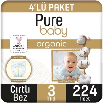 Pure Baby Pamuklu 3 Numara Organik Cırtlı Bebek Bezi 224 Adet