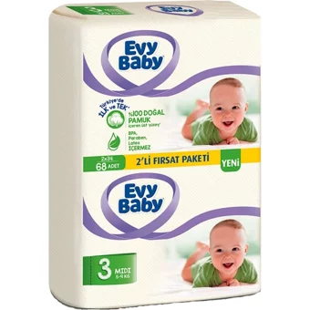 Evy Baby 2'li Fırsat Paketi Midi 3 Numara Cırtlı Bebek Bezi 272 Adet