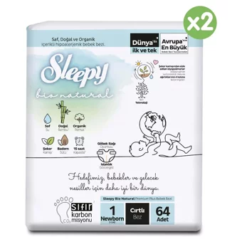 Sleepy Bio Natural Yenidoğan 1 Numara Organik Göbek Oyuntulu Cırtlı Bebek Bezi 128 Adet