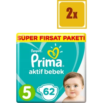 Prima Aktif Bebek Junior 5 Numara Cırtlı Bebek Bezi 2x62 Adet