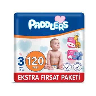 Paddlers Midi 3 Numara Organik Cırtlı Bebek Bezi 120 Adet