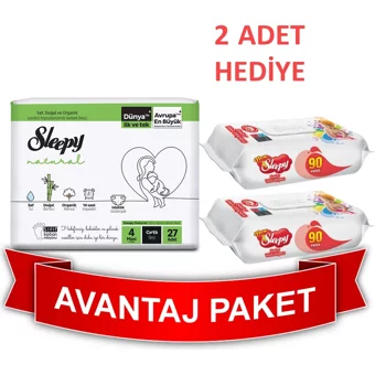 Sleepy Natural Avantaj Paket 4 Numara Organik Cırtlı Bebek Bezi + 2 Adet Sleepy Islak Havlu 90 Lı