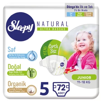Sleepy Natural Ultra Hassas Junior 5 Numara Organik Cırtlı Bebek Bezi 72 Adet