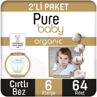 Pure Baby Pamuklu 6 Numara Organik Cırtlı Bebek Bezi 64 Adet