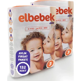Elbebek Elite Midi 3 Numara Cırtlı Bebek Bezi 132 Adet