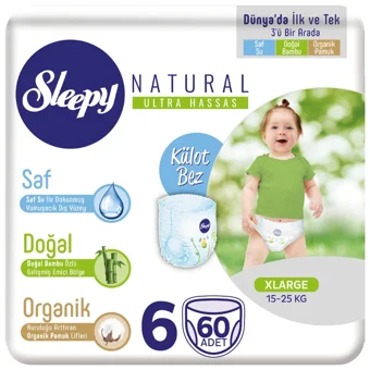 Sleepy Natural Ultra Hassas XL 6 Numara Organik Külot Bebek Bezi 60 Adet