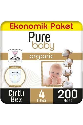Pure Baby Ekonomik Paket 4 Numara Organik Cırtlı Bebek Bezi 200 Adet