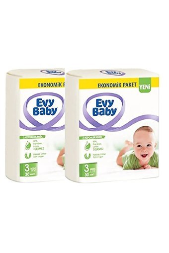 Evy Baby Ekonomik Paket Midi 3 Numara Cırtlı Bebek Bezi 2x30 Adet