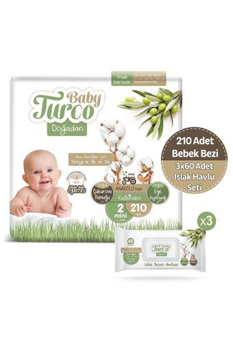 Baby Turco Doğadan 2 Numara Göbek Oyuntulu Bantlı Bebek Bezi 210 Adet + Doğadan Islak Havlu