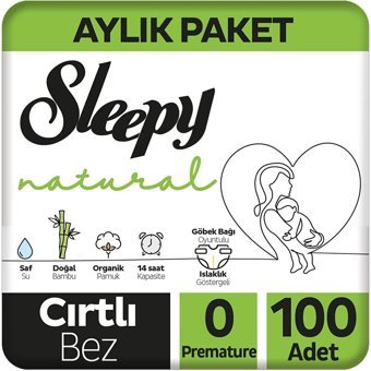 Sleepy Natural Aylık Paket Prematüre 0 Numara Organik Cırtlı Bebek Bezi 100 Adet