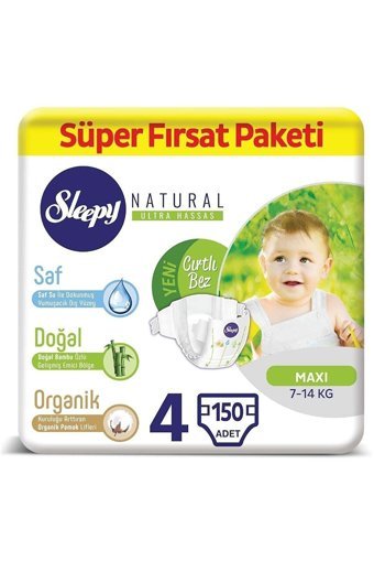 Sleepy Maxi Süper Fırsat Paketi 4 Numara Organik Cırtlı Bebek Bezi 150 Adet