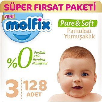 Molfix Pure&Soft 3 Numara Bantlı Bebek Bezi 2x64 Adet