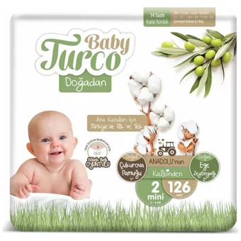 Baby Turco Doğadan 2 Numara Göbek Oyuntulu Bantlı Bebek Bezi 126 Adet