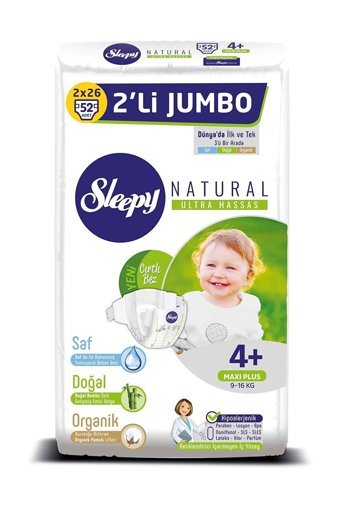 Sleepy Natural Ultra Hassas 4 + Numara Organik Cırtlı Bebek Bezi 52 Adet