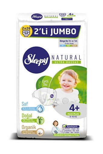 Sleepy Natural Ultra Hassas 4 + Numara Organik Cırtlı Bebek Bezi 52 Adet