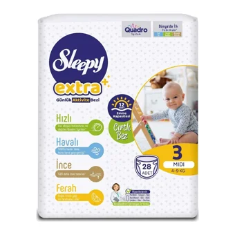 Sleepy Extra 3 Numara Organik Cırtlı Bebek Bezi 28 Adet