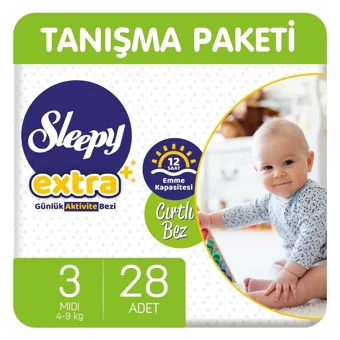 Sleepy Extra 3 Numara Organik Cırtlı Bebek Bezi 28 Adet