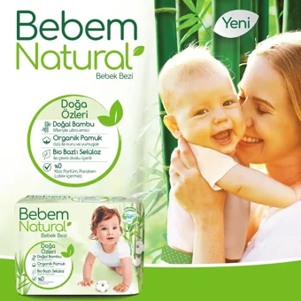 Bebem Natural Doğa Özleri 4 Numara Organik Cırtlı Bebek Bezi 180 Adet + Evony Maske 10'lu Hediyeli