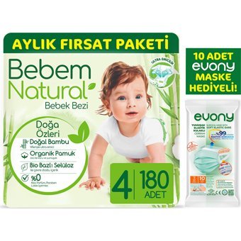 Bebem Natural Doğa Özleri 4 Numara Organik Cırtlı Bebek Bezi 180 Adet + Evony Maske 10'lu Hediyeli