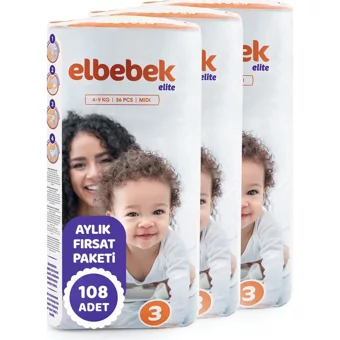Elbebek Elite Midi 3 Numara Cırtlı Bebek Bezi 108 Adet