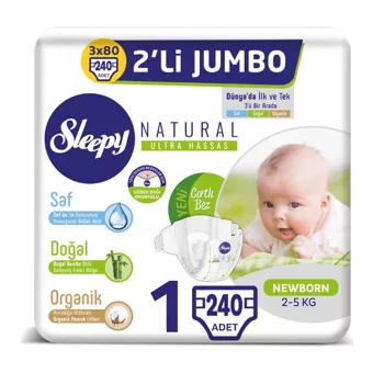Sleepy Natural Ultra Hassas 1 Numara Organik Cırtlı Bebek Bezi 3x80 Adet