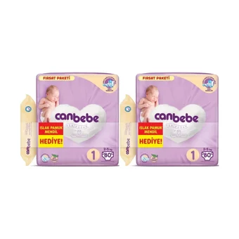 Canbebe Fırsat Paketi Yenidoğan 1 Numara Bantlı Bebek Bezi 2x80 Adet + Islak Mendil