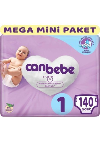 Canbebe Mega Mini Paket Yenidoğan 1 Numara Bantlı Bebek Bezi 140 Adet