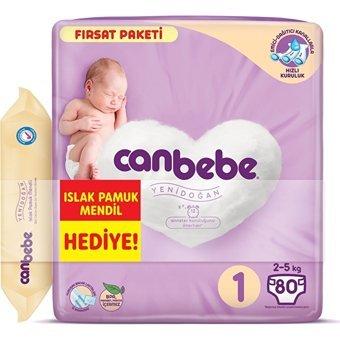 Canbebe Fırsat Paketi Yenidoğan 1 Numara Bantlı Bebek Bezi 3x80 Adet + Islak Mendil