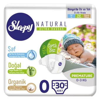 Sleepy Natural Jumbo Prematüre 0 Numara Organik Cırtlı Bebek Bezi 60 Adet