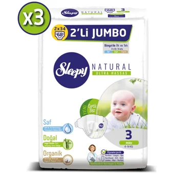 Sleepy Natural Ultra Hassas Midi 3 Numara Organik Cırtlı Bebek Bezi 3x68 Adet