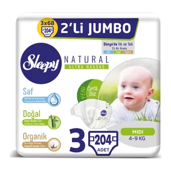 Sleepy Natural Ultra Hassas Midi 3 Numara Organik Cırtlı Bebek Bezi 3x68 Adet