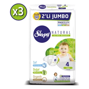Sleepy Natural Ultra Hassas Maxi 4 Numara Organik Cırtlı Bebek Bezi 3x60 Adet