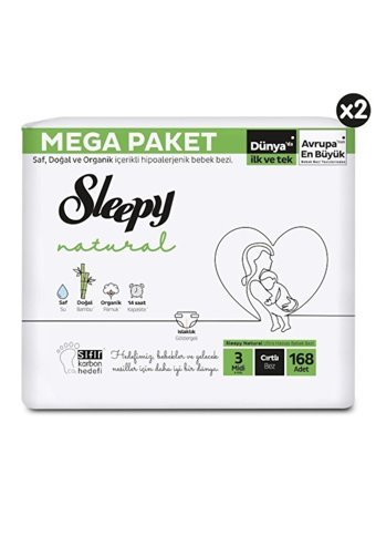Sleepy Midi Mega Paket 3 Numara Organik Cırtlı Bebek Bezi 168 Adet