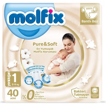 Molfix Pure & Soft Yenidoğan 1 Numara Cırtlı Bebek Bezi 40 Adet