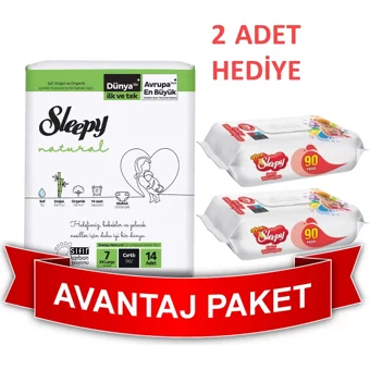 Sleepy Natural 7 Numara Organik Cırtlı Bebek Bezi 14 Adet + 2 Adet Sleepy Islak Havlu 90'lı - 4 Beden (7 - 14 kg)