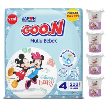 Goon Mutlu Bebek 4 Numara Bantlı Bebek Bezi 200 Adet + Lux Bebe Temizleme Pamuğu 40'lı 4 Paket