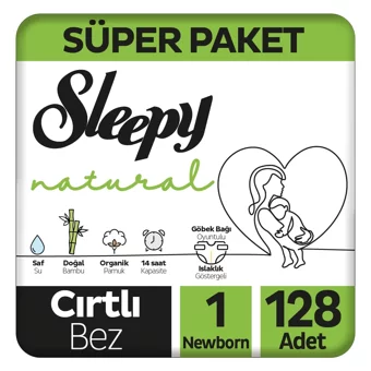 Sleepy Natural Süper Paket 1 Numara Organik Göbek Oyuntulu cırtlı Bebek Bezi 128 Adet