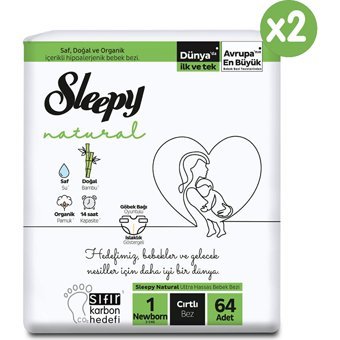 Sleepy Natural Süper Paket 1 Numara Organik Göbek Oyuntulu cırtlı Bebek Bezi 128 Adet