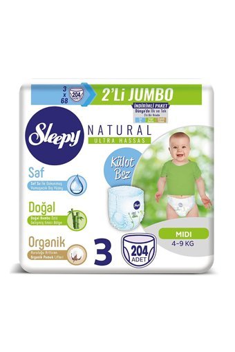 Sleepy Natural Ultra Hassas 3 Numara Organik Külot Bebek Bezi 204 Adet